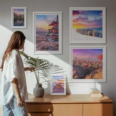 Wanddecoratie compositie met Aziatische bergen en bloemen