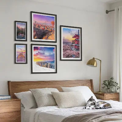 Wanddecoratie compositie met Aziatische bergen en bloemen