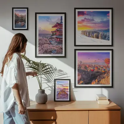 Wanddecoratie compositie met Aziatische bergen en bloemen