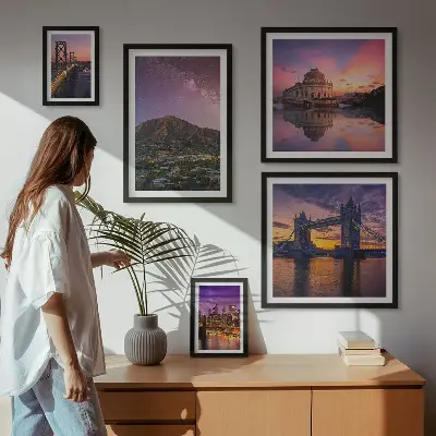 Moderne schilderijen set met nachtelijke bergdorp landschappen