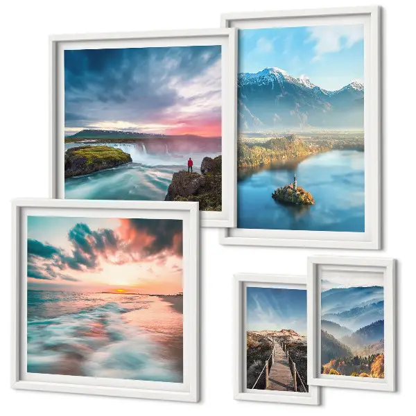 Moderne schilderijen set met berglandschappen en watervallen