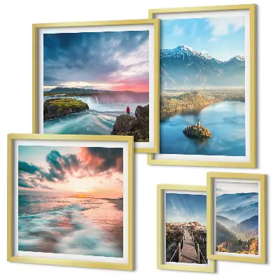 Moderne schilderijen set met berglandschappen en watervallen