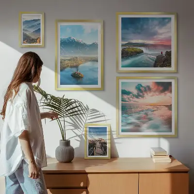 Moderne schilderijen set met berglandschappen en watervallen