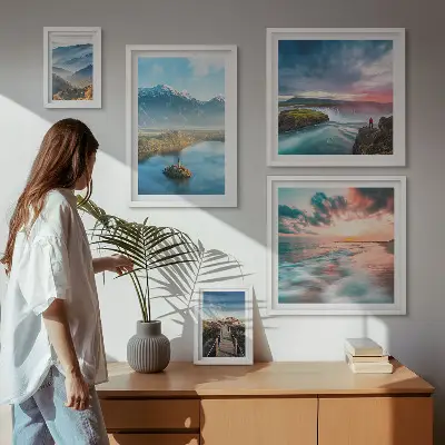 Moderne schilderijen set met berglandschappen en watervallen