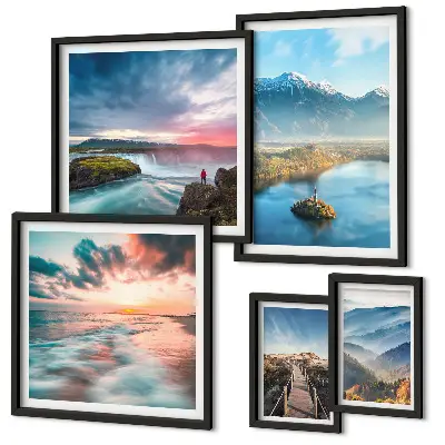 Moderne schilderijen set met berglandschappen en watervallen
