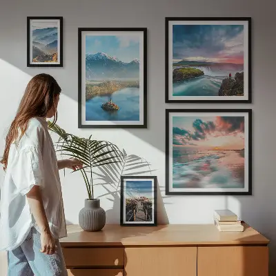 Moderne schilderijen set met berglandschappen en watervallen