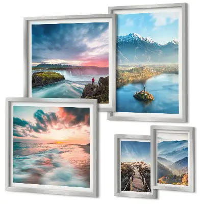 Moderne schilderijen set met berglandschappen en watervallen