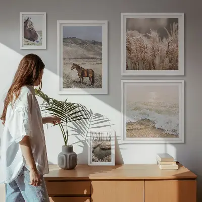 Moderne schilderijenset met landschappen van paarden bij het water