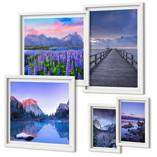 Gallery wall met berg- en kustlandschappen