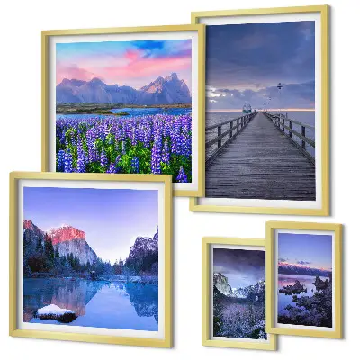 Gallery wall met berg- en kustlandschappen