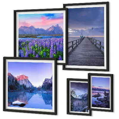 Gallery wall met berg- en kustlandschappen