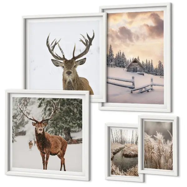 Moderne schilderijen set met winterlandschappen met herten