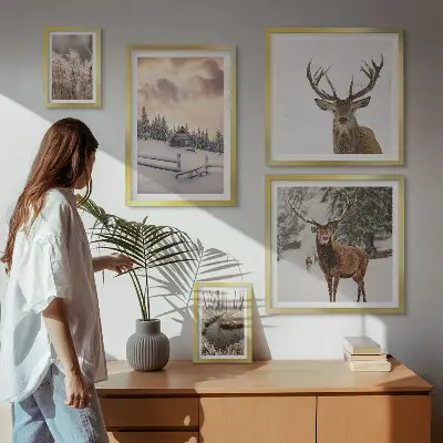 Moderne schilderijen set met winterlandschappen met herten