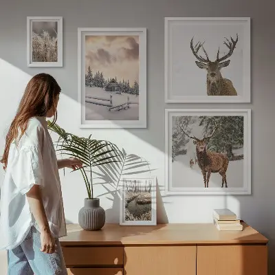 Moderne schilderijen set met winterlandschappen met herten