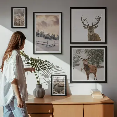 Moderne schilderijen set met winterlandschappen met herten