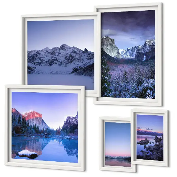 Set van moderne schilderijen met bergmeren, bossen en landschappen