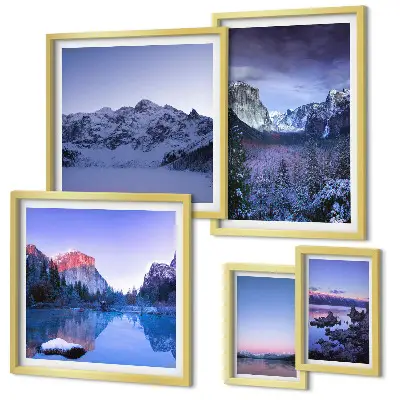 Set van moderne schilderijen met bergmeren, bossen en landschappen