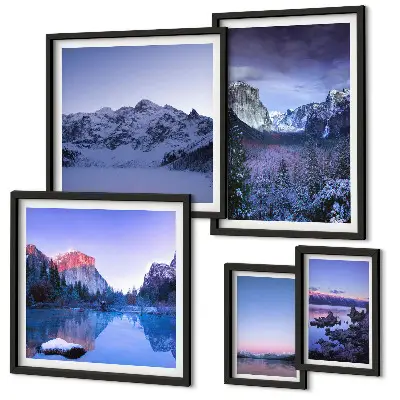 Set van moderne schilderijen met bergmeren, bossen en landschappen