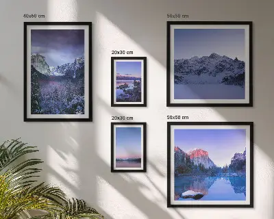 Set van moderne schilderijen met bergmeren, bossen en landschappen