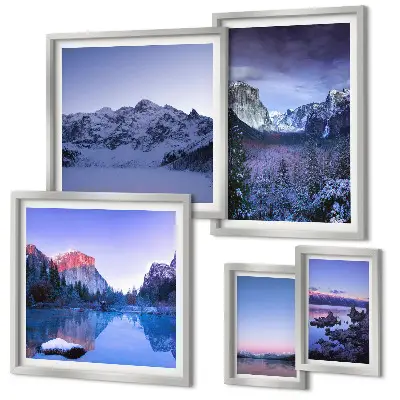 Set van moderne schilderijen met bergmeren, bossen en landschappen