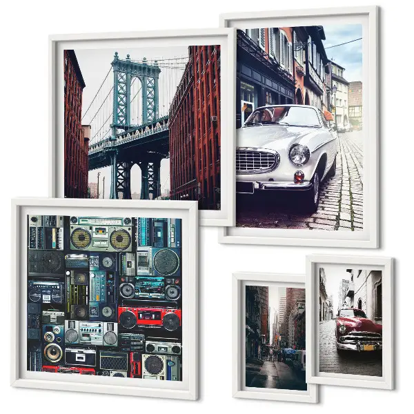 Wanddecoratie compositie Stijlvolle auto's en straatarchitectuur