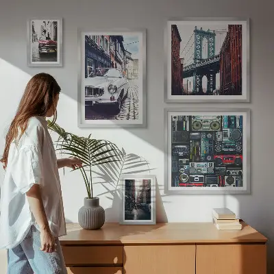 Wanddecoratie compositie Stijlvolle auto's en straatarchitectuur