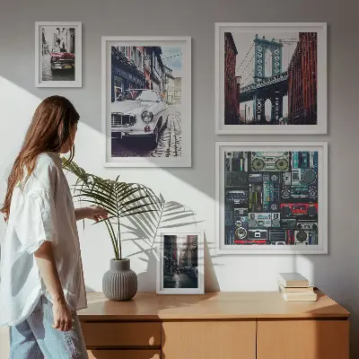 Wanddecoratie compositie Stijlvolle auto's en straatarchitectuur