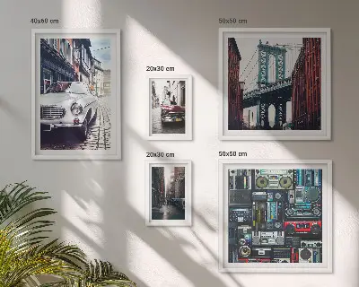 Wanddecoratie compositie Stijlvolle auto's en straatarchitectuur