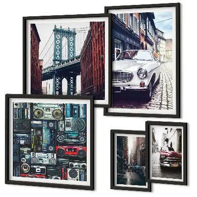 Wanddecoratie compositie Stijlvolle auto's en straatarchitectuur