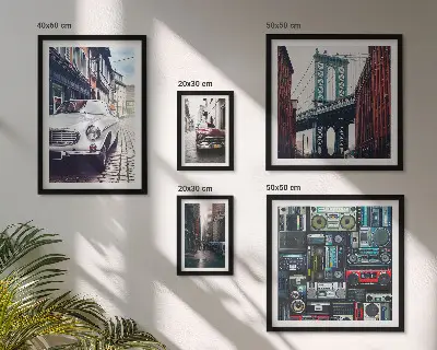 Wanddecoratie compositie Stijlvolle auto's en straatarchitectuur
