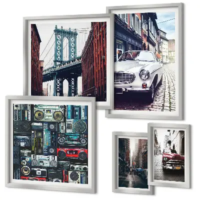 Wanddecoratie compositie Stijlvolle auto's en straatarchitectuur