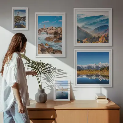 Moderne schilderijenset met natuurlijke bergen, zee en vuurtorens