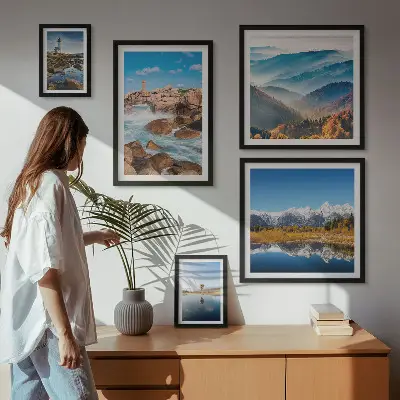 Moderne schilderijenset met natuurlijke bergen, zee en vuurtorens