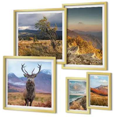 Set van moderne schilderijen met berglandschappen en wilde dieren