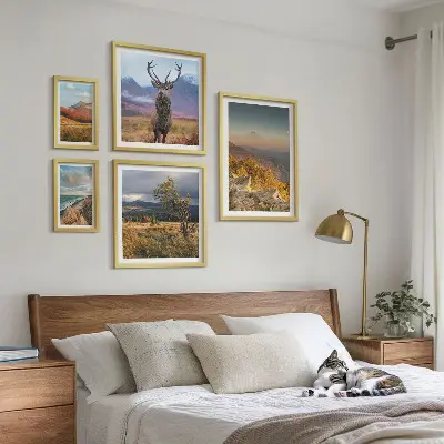 Set van moderne schilderijen met berglandschappen en wilde dieren