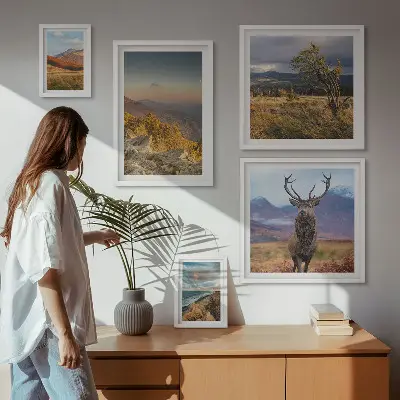 Set van moderne schilderijen met berglandschappen en wilde dieren