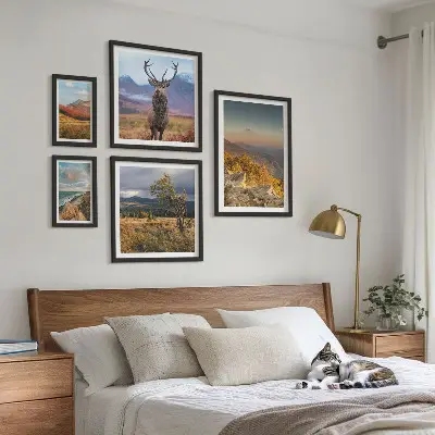 Set van moderne schilderijen met berglandschappen en wilde dieren