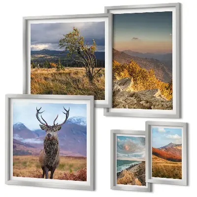 Set van moderne schilderijen met berglandschappen en wilde dieren