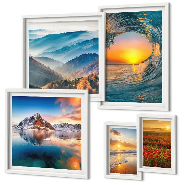 Gallery wall met natuurlandschappen van zee, bergen en bloemen