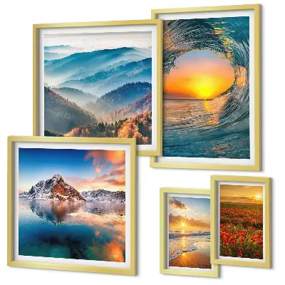Gallery wall met natuurlandschappen van zee, bergen en bloemen