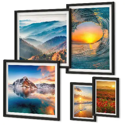 Gallery wall met natuurlandschappen van zee, bergen en bloemen