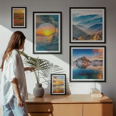 Gallery wall met natuurlandschappen van zee, bergen en bloemen