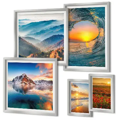 Gallery wall met natuurlandschappen van zee, bergen en bloemen