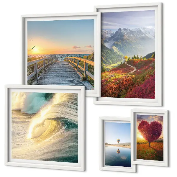 Moderne schilderijenset met afbeeldingen van landschappen, bergen, harten, golven en ballonnen