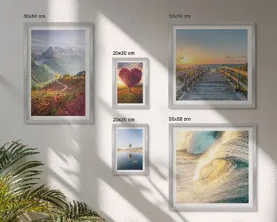 Moderne schilderijenset met afbeeldingen van landschappen, bergen, harten, golven en ballonnen
