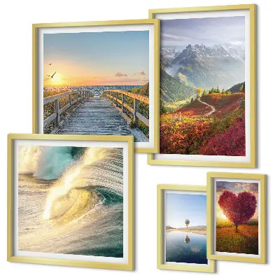 Moderne schilderijenset met afbeeldingen van landschappen, bergen, harten, golven en ballonnen