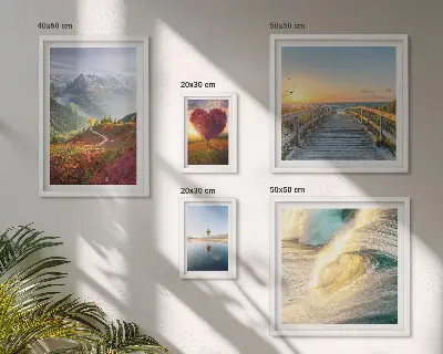 Moderne schilderijenset met afbeeldingen van landschappen, bergen, harten, golven en ballonnen