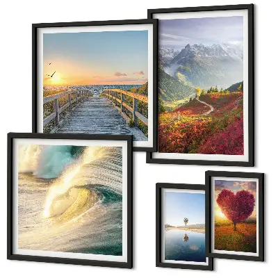 Moderne schilderijenset met afbeeldingen van landschappen, bergen, harten, golven en ballonnen