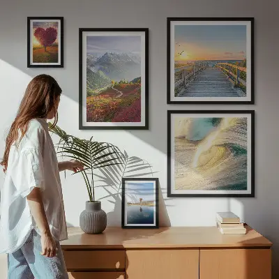 Moderne schilderijenset met afbeeldingen van landschappen, bergen, harten, golven en ballonnen