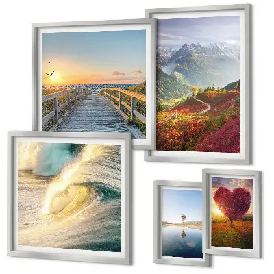 Moderne schilderijenset met afbeeldingen van landschappen, bergen, harten, golven en ballonnen